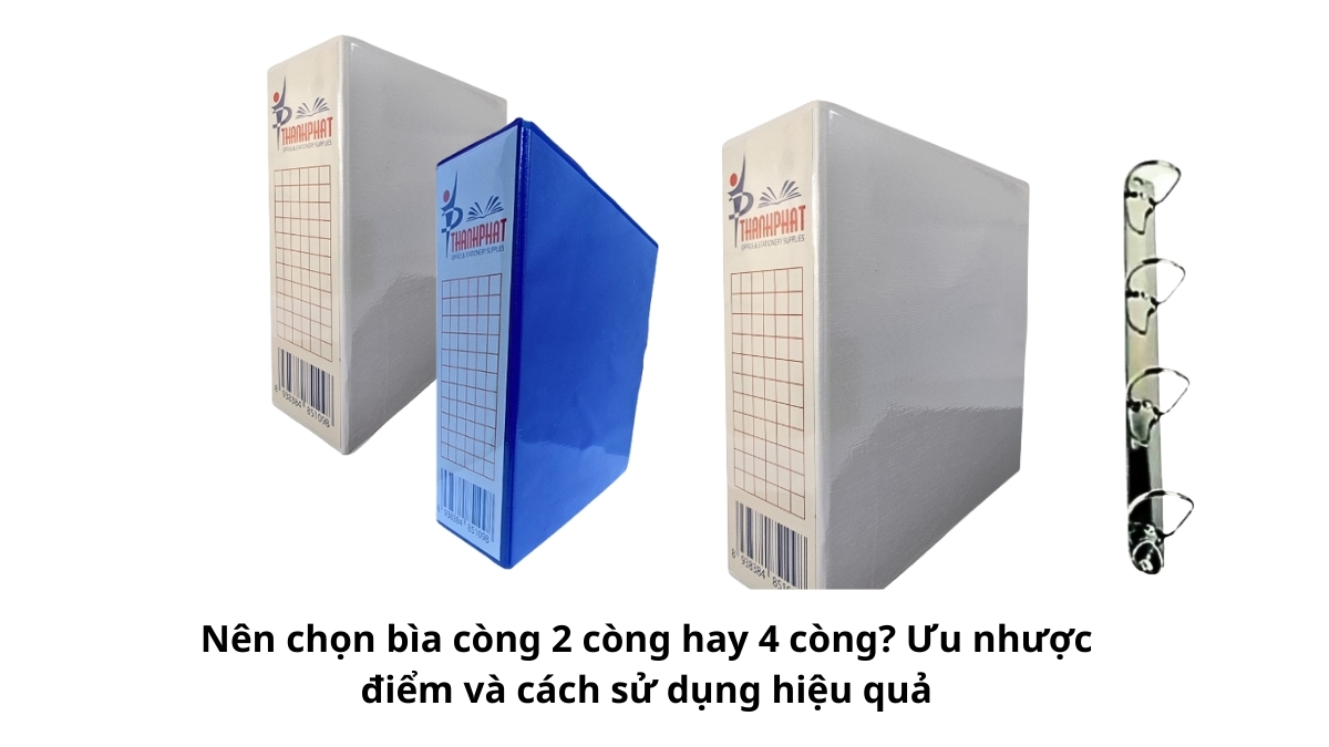 Hai chiếc bìa hồ sơ mở rộng đặt cạnh nhau giúp người dùng dễ dàng quan sát và quyết định nên chọn bìa còng 2 còng hay 4 còng dựa trên sự khác biệt về chốt khóa.