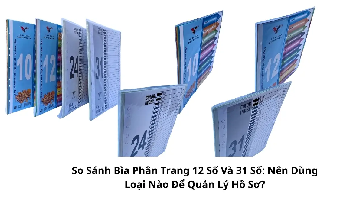 Bảng so sánh bìa phân trang 12 số và 31 số chi tiết về kích thước, số lượng tab màu và mục đích sử dụng.