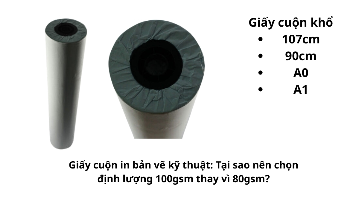 Cận cảnh so sánh độ dày và độ mịn bề mặt giữa hai loại giấy cuộn in bản vẽ kỹ thuật định lượng 80gsm và 100gsm.