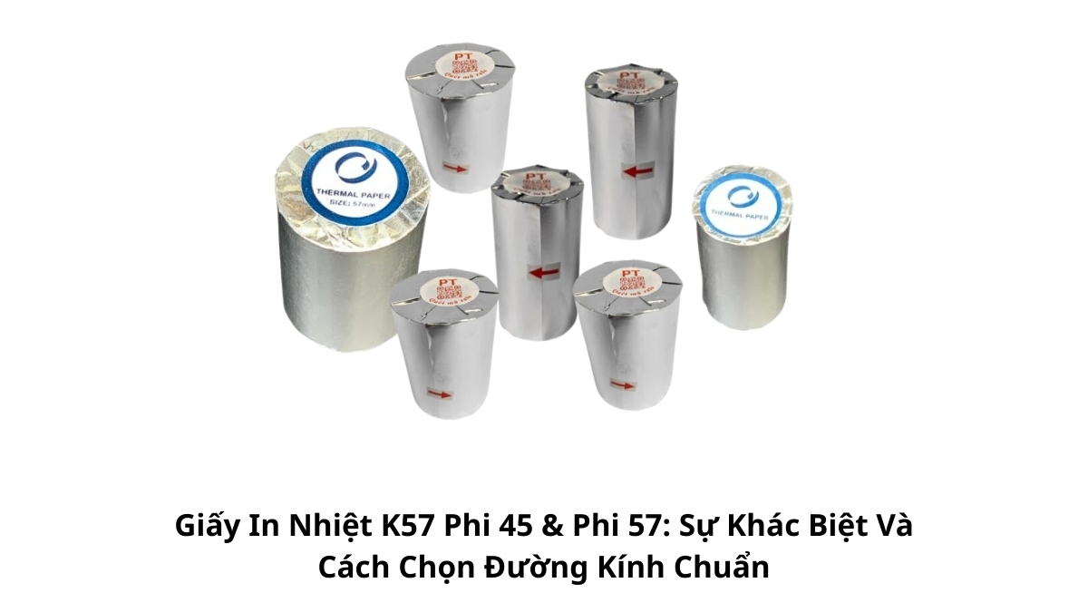 Hai cuộn giấy in nhiệt K57 đặt cạnh nhau để làm nổi bật sự khác biệt về độ dày giữa phi 45 và phi 57, giúp khách hàng chọn đúng kích cỡ hộc máy in.