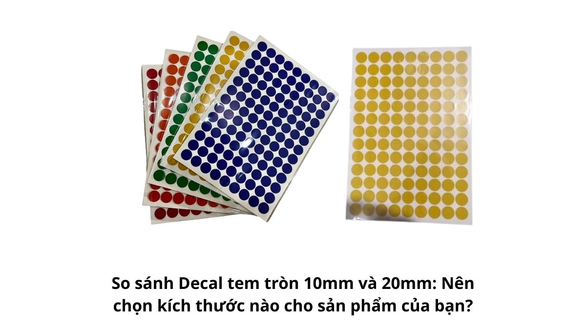 Hai mẫu tem tròn kích thước 10mm và 20mm được dán cạnh nhau trên thước đo milimet để thấy rõ sự chênh lệch về diện tích hiển thị thực tế.