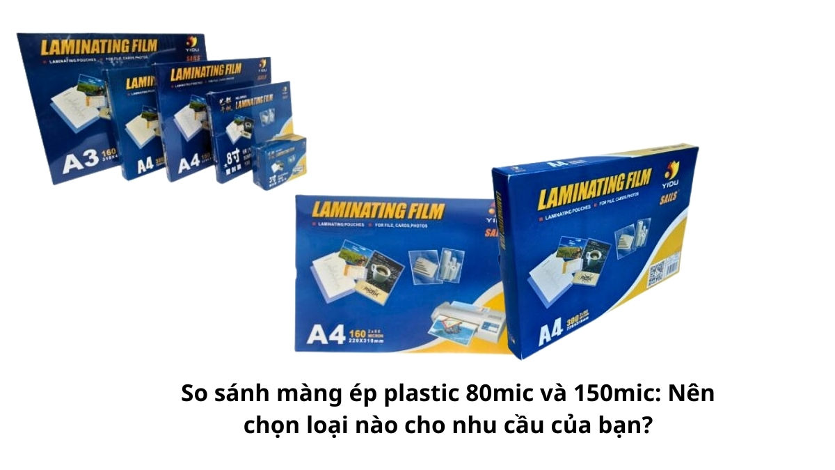 So sánh độ dày thực tế giữa màng ép plastic 80mic mỏng nhẹ và màng 150mic cứng cáp hơn khi cầm trên tay.