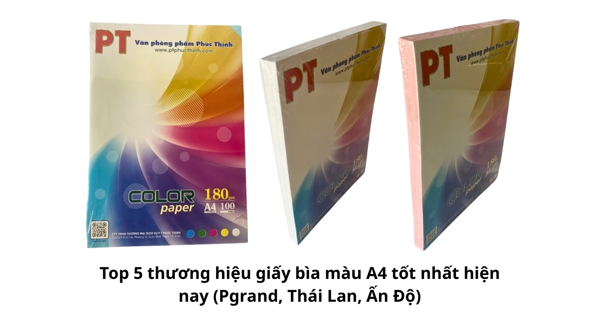 Các xấp giấy bìa màu A4 từ các thương hiệu nổi tiếng như Pgrand, Thái Lan và Ấn Độ được xếp cạnh nhau để so sánh màu sắc và chất lượng.