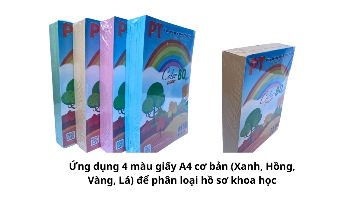 Các tập tài liệu trên kệ được sắp xếp ngăn nắp nhờ ứng dụng 4 màu giấy A4 cơ bản (Xanh, Hồng, Vàng, Lá) để phân loại hồ sơ khoa học giúp tối ưu không gian làm việc.