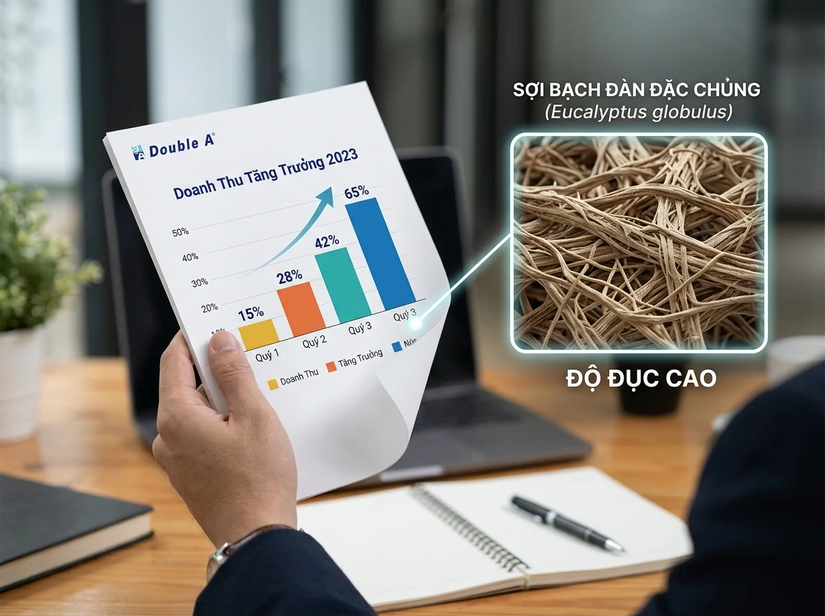 Cận cảnh tờ giấy Double A Khả năng in hai mặt hoàn hảo nhờ độ đục cao giúp văn bản mặt sau không bị lộ bóng sang mặt trước.