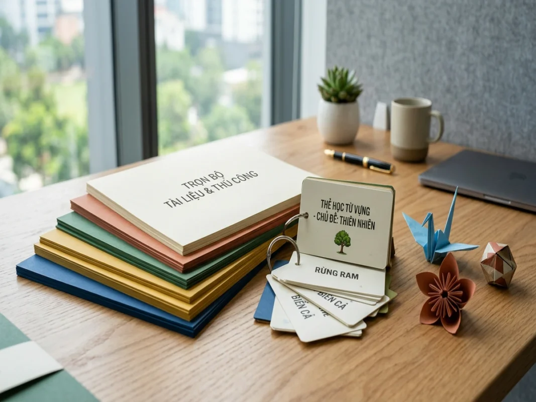 Xấp giấy bìa màu A4 nhiều màu sắc cùng bộ thẻ học flashcard xâu khoen hộp quà handmade và kéo thủ công trên bàn làm việc