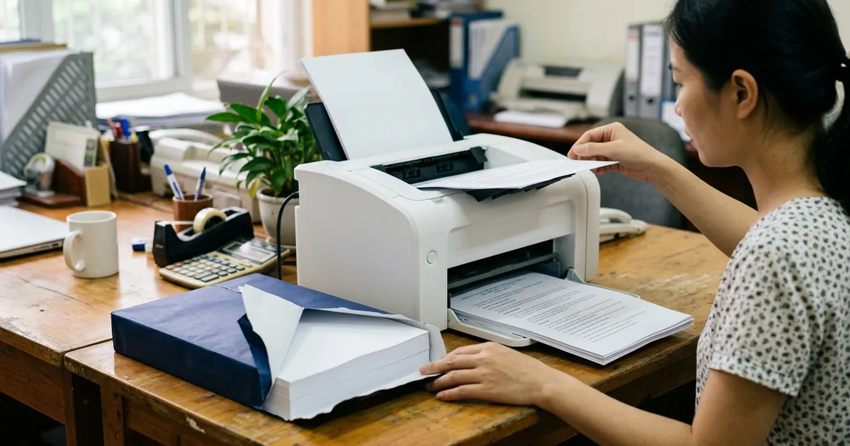 Ram giấy in A4 mở sẵn trên bàn làm việc cạnh máy in laser văn phòng
