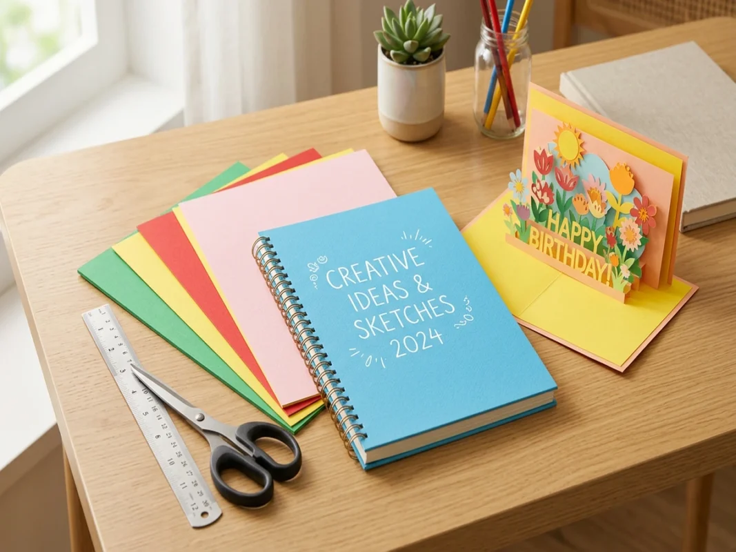 Tập tài liệu đóng gáy xoắn ốc bìa màu xanh pastel cùng thiệp pop-up thủ công trên bàn gỗ