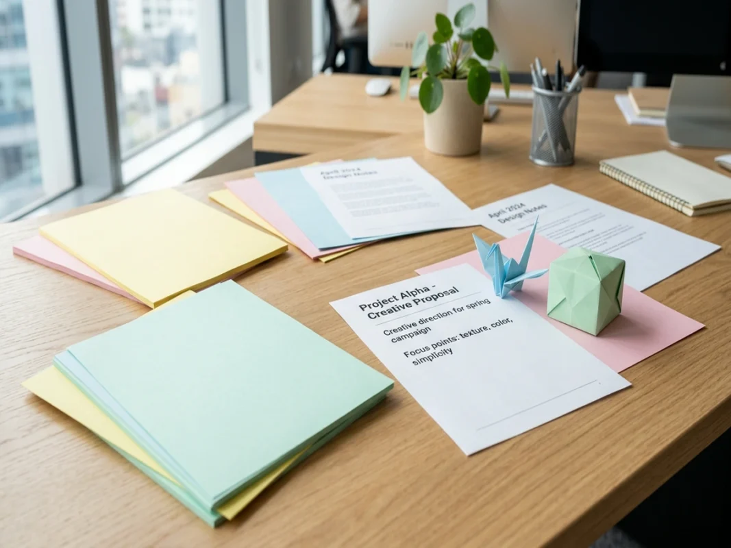 Xấp giấy Ford màu pastel gồm vàng, hồng, xanh cùng tài liệu in và mô hình gấp giấy origami trên bàn làm việc