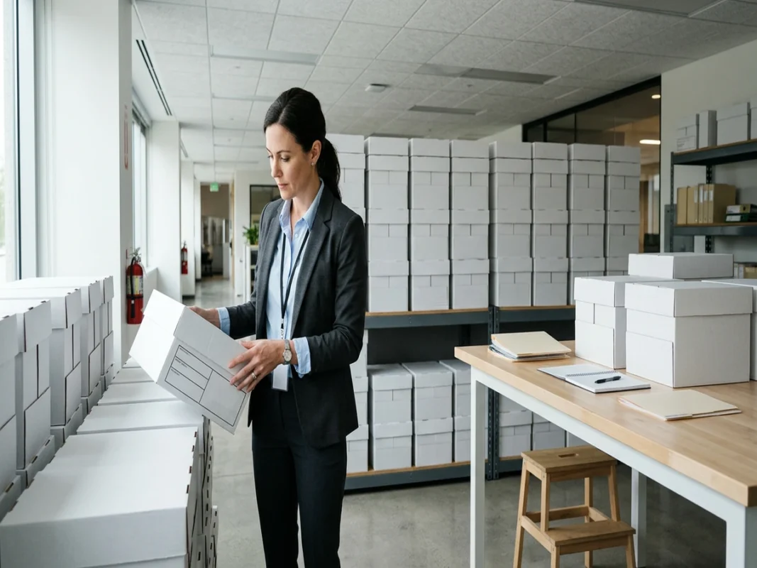 Nhân sự phụ trách mua sắm văn phòng kiểm tra các thùng giấy in A4 xếp gọn gàng trong phòng kho