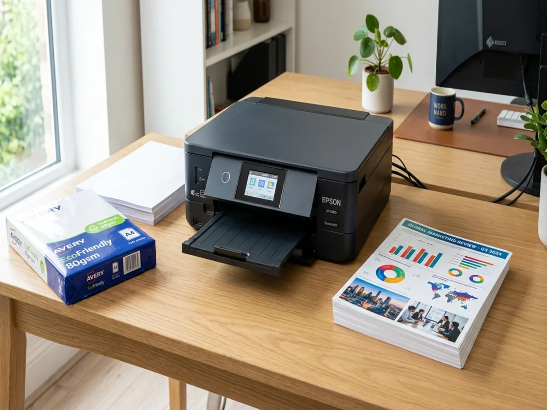 Xấp giấy plain paper photocopy và giấy in phun inkjet paper đặt cạnh máy in màu trên bàn làm việc