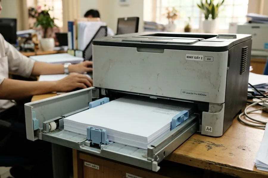 Xấp giấy A4 phẳng trong khay, hai thanh gạt ôm sát mép