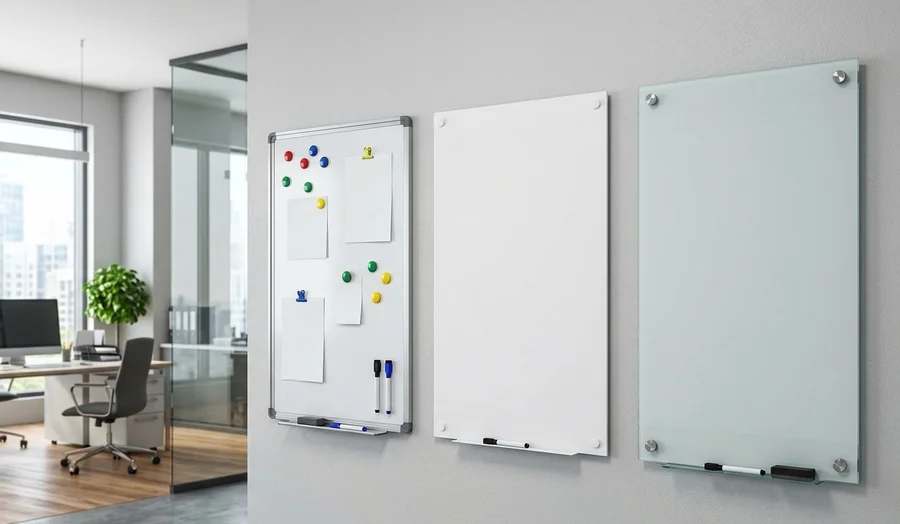 Ba loại bảng viết văn phòng đặt cạnh nhau: bảng từ trắng khung nhôm, bảng mica nhựa và bảng kính cường lực treo tường