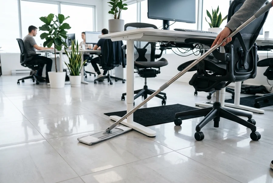 Người dùng lau sàn gạch bóng bằng bàn lau chữ nhật mỏng cạnh chân bàn làm việc và ghế xoay văn phòng