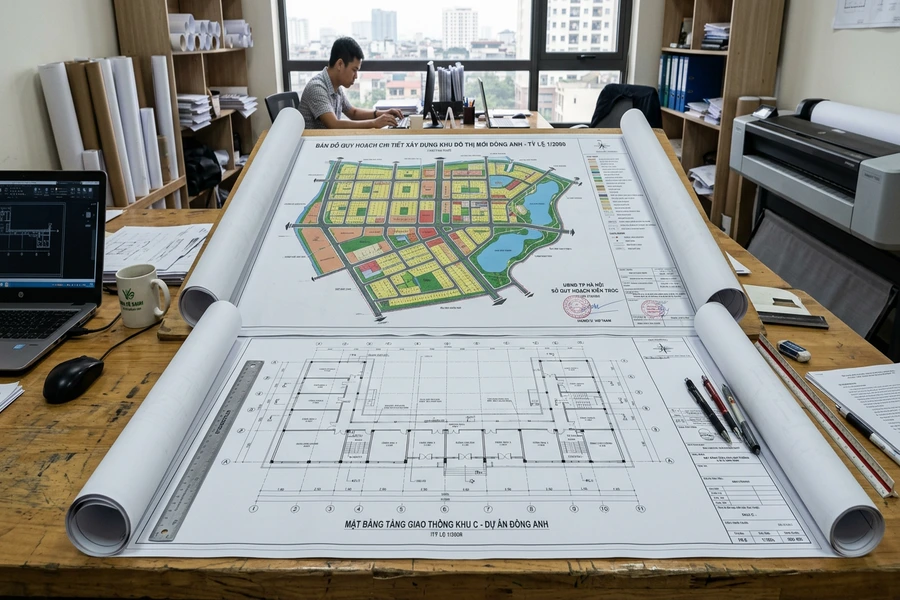 Bản vẽ mặt bằng CAD kỹ thuật và bản đồ quy hoạch màu in khổ lớn từ cuộn giấy in plotter