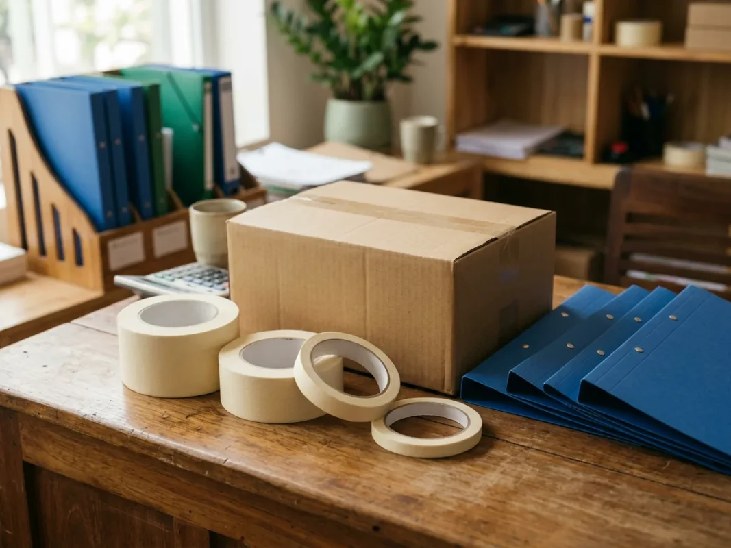 Các cuộn băng dính giấy nhiều khổ rộng đặt cạnh hộp carton và bìa hồ sơ văn phòng