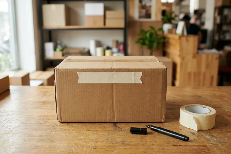 Thùng carton dán dải băng dính giấy làm nhãn ghi tay, cạnh bút lông dầu và cuộn băng keo giấy