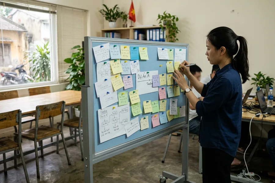 Bảng ghim di động chân thép sơn tĩnh điện có bánh xe trong phòng họp nhóm dự án