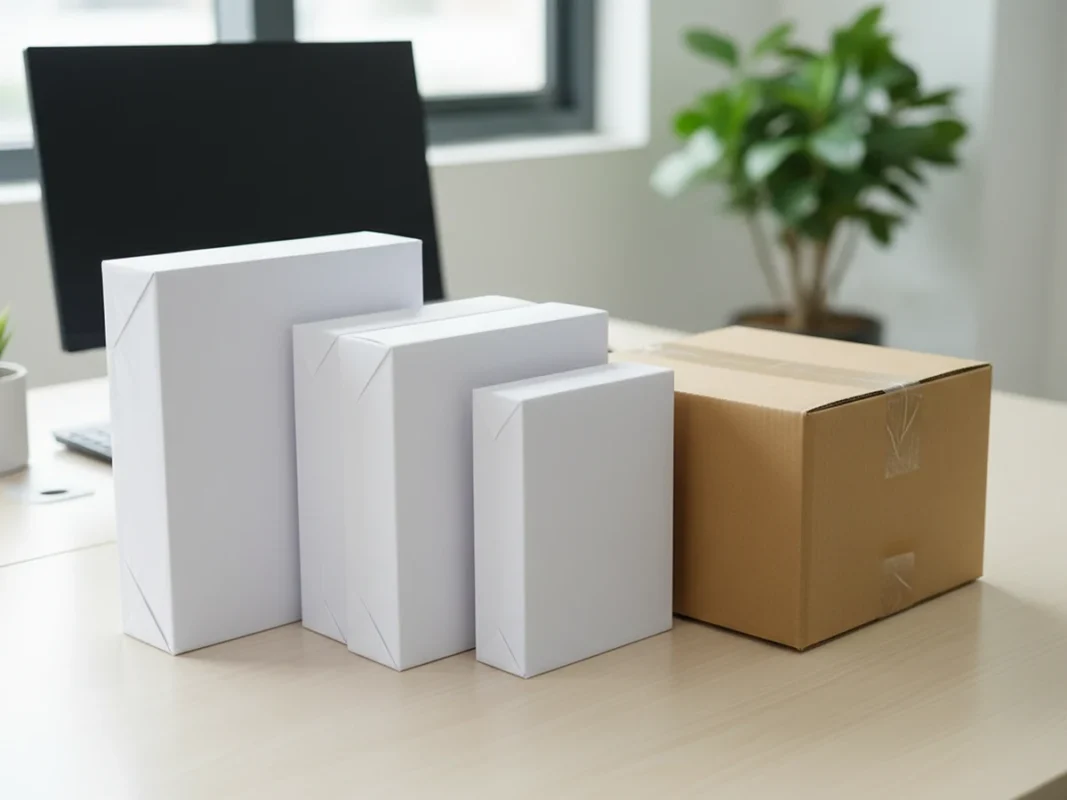 Các ram giấy A4, A5 và thùng carton đặt trên bàn văn phòng