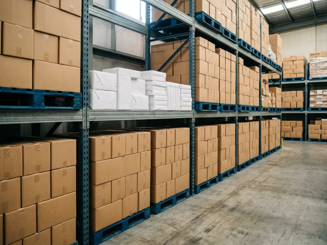Thùng giấy in và các ram giấy A4 bọc trắng xếp trên kệ pallet trong kho văn phòng phẩm