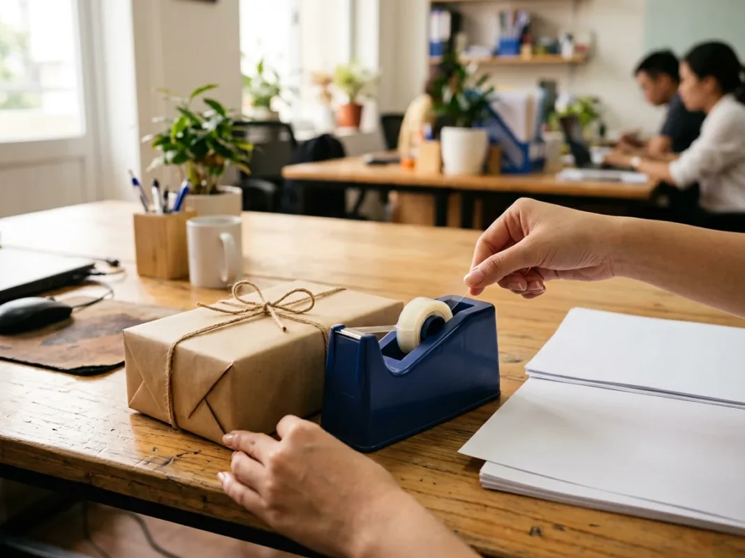 Dụng cụ cắt băng keo để bàn cùng cuộn băng keo văn phòng nhỏ dán giấy tờ và gói quà