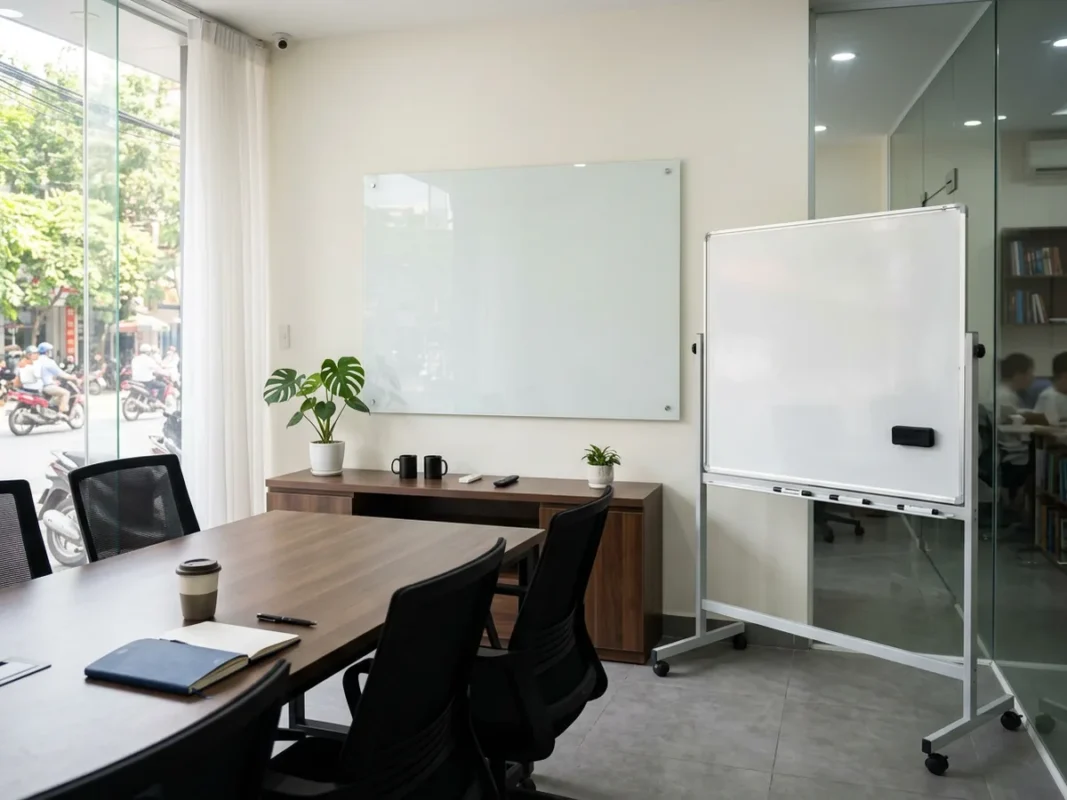 Bảng kính cường lực gắn tường và bảng từ trắng khung nhôm trong không gian phòng họp văn phòng
