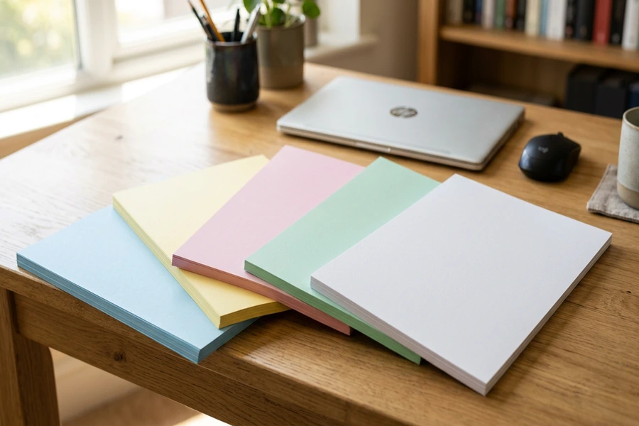 Các tờ giấy bìa màu pastel khổ A4 xòe quạt trên bàn làm việc cho thấy bề mặt giấy mịn màng