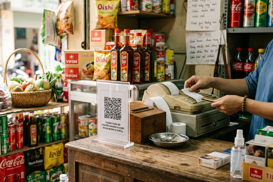 Mã QR in giấy kẹp trong kệ mica để bàn ở quầy thu ngân