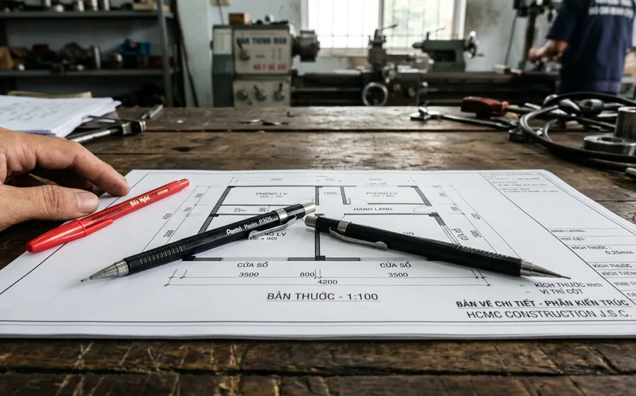 Bản vẽ in đen trắng phân biệt rõ nét dày, nét mảnh