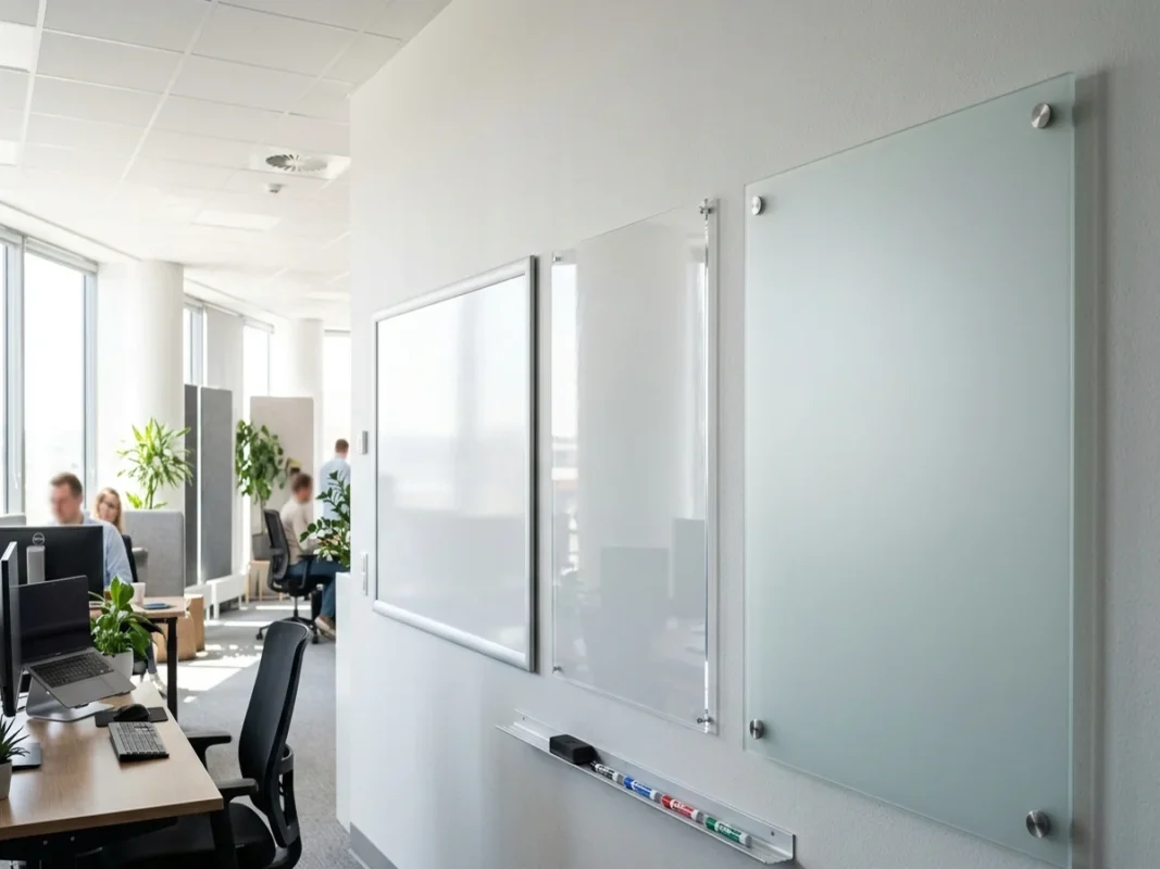 Ba loại bảng viết văn phòng đặt cạnh nhau gồm bảng từ trắng khung nhôm bảng mica nhựa và bảng kính cường lực treo tường