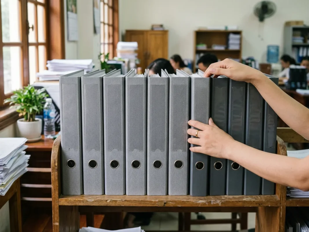 Các bìa còng xám hoa văn loại còng ống và còng bật xếp trên kệ văn phòng