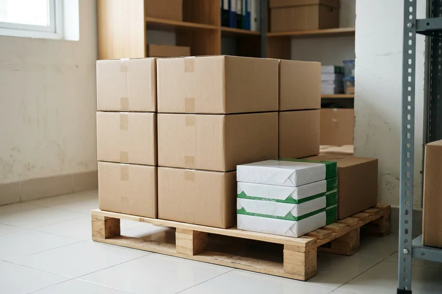 Các ram giấy in được đóng gói nguyên vẹn xếp ngay ngắn trong kho văn phòng