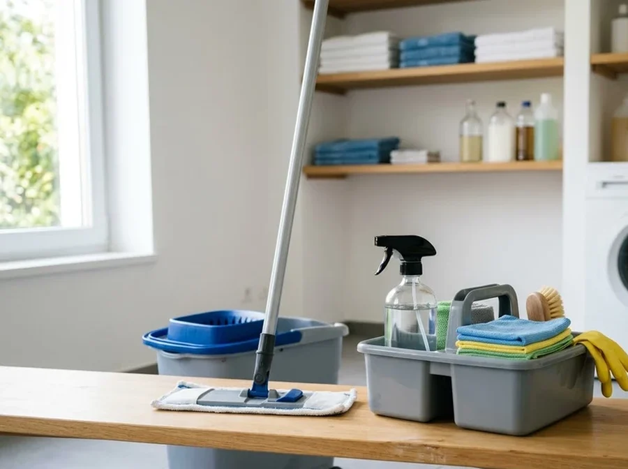 Cây lau nhà, xô có bánh xe, giỏ đựng bình xịt, khăn lau và găng tay cao su để khô ráo sau khi dọn