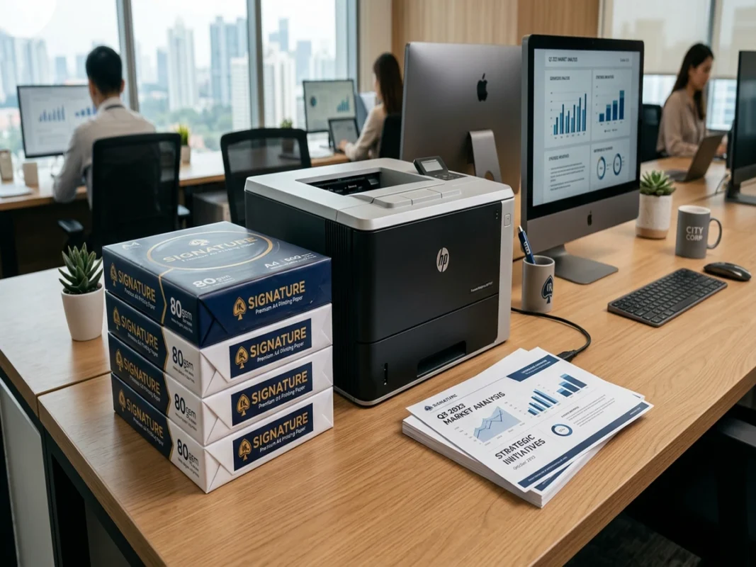 Ram giấy in IK Signature đanh phẳng đặt cùng tài liệu kinh doanh cạnh máy in văn phòng hiện đại