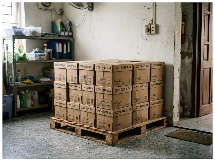 Thùng giấy A4 xếp trên pallet gỗ, cách sàn và cách tường trong kho văn phòng