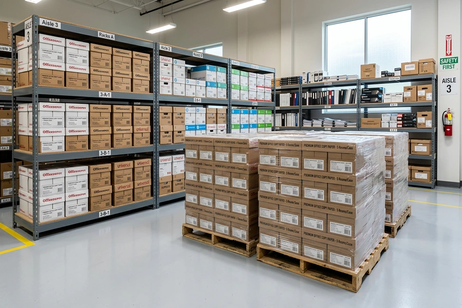 Các thùng carton giấy in văn phòng được bảo quản trên pallet gỗ và giá kệ cao ráo trong kho