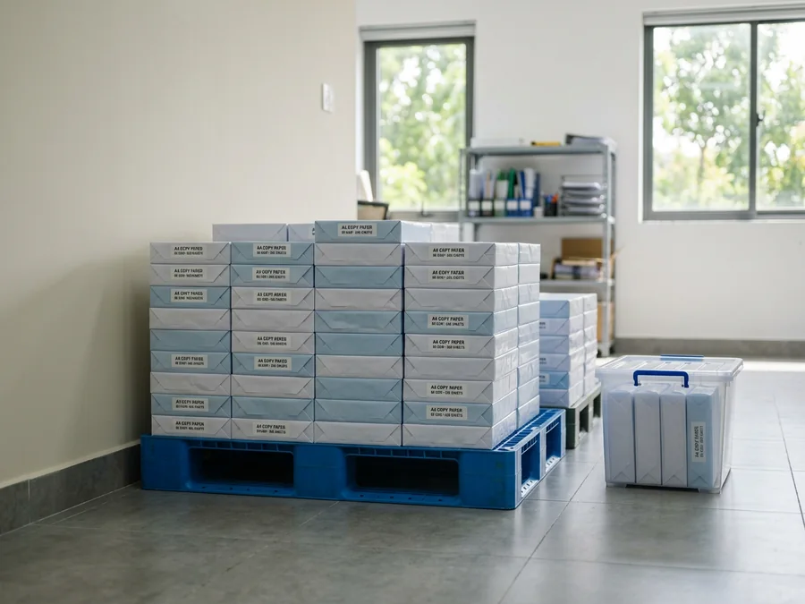 Các ram giấy in A4 còn nguyên bao bì xếp trên pallet nhựa kê cao khỏi nền gạch, cạnh thùng nhựa có nắp đựng giấy đã mở