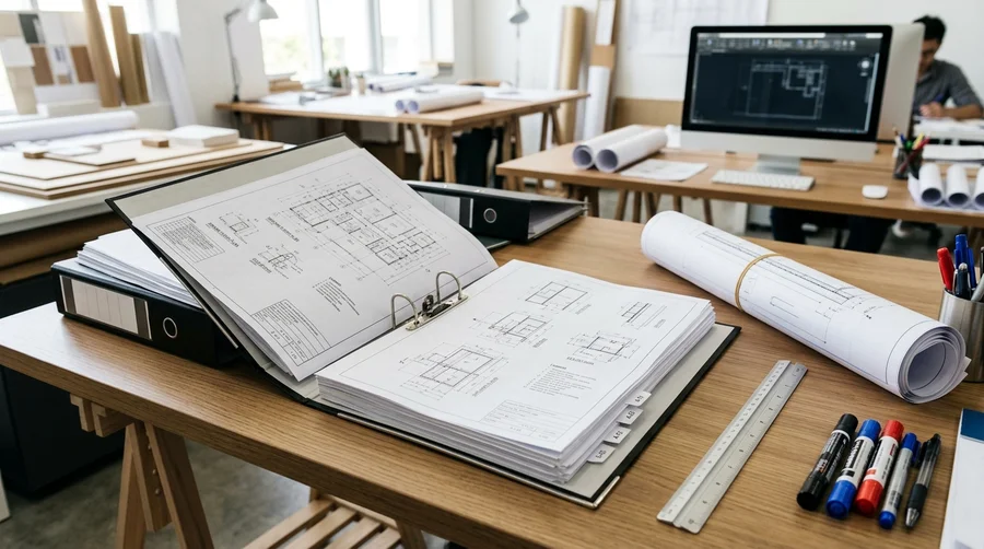 Bìa còng khổ A3 nằm ngang mở rộng kẹp hồ sơ bản vẽ thiết kế hoàn công ngay ngắn trên bàn kỹ sư công trường