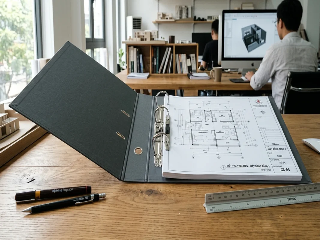 Bìa còng A3 ngang bọc simili mở rộng chứa bản vẽ kỹ thuật CAD cùng thước đo kiến trúc