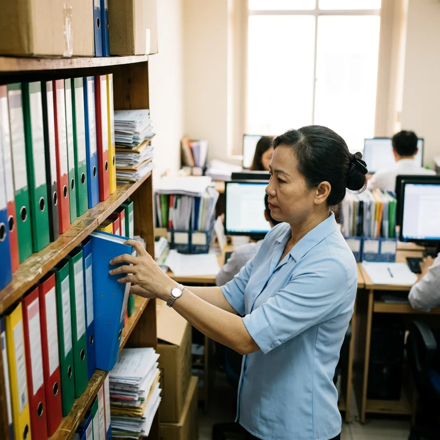 Nhân viên kế toán rút bìa còng trên kệ hồ sơ để tra cứu chứng từ thường xuyên