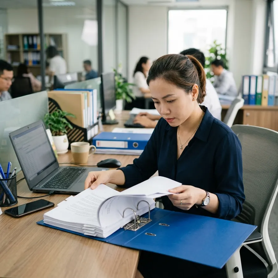 Một người nhân viên đang lật mở một chiếc bìa còng lớn màu xanh dương để tra cứu giấy tờ hồ sơ bên trong tại văn phòng