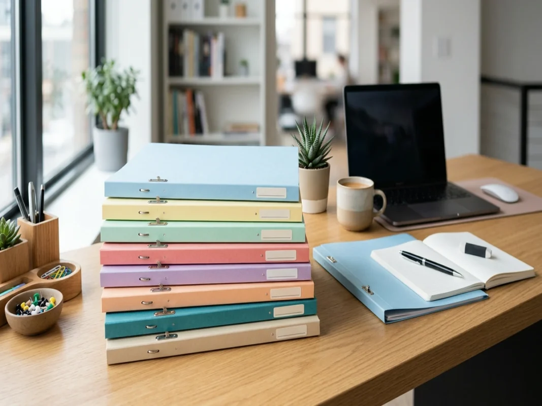 Các mẫu bìa hồ sơ giấy flat file A4 nhiều màu sắc với nẹp acco hai chấu sắp xếp gọn gàng trên bàn văn phòng