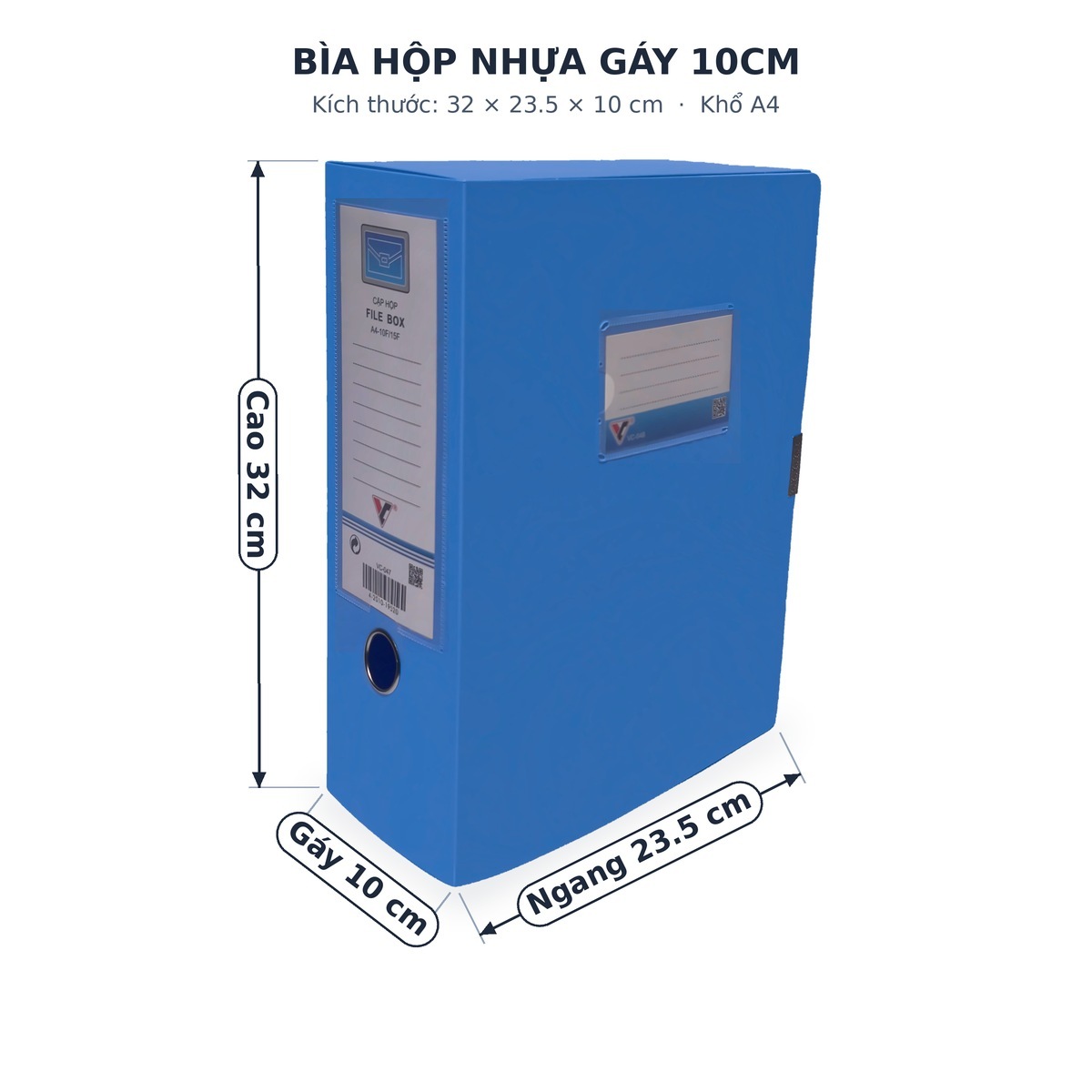 Bìa hộp nhựa gáy 10cm khổ A4 màu xanh dương, kích thước 32 x 23,5 x 10 cm