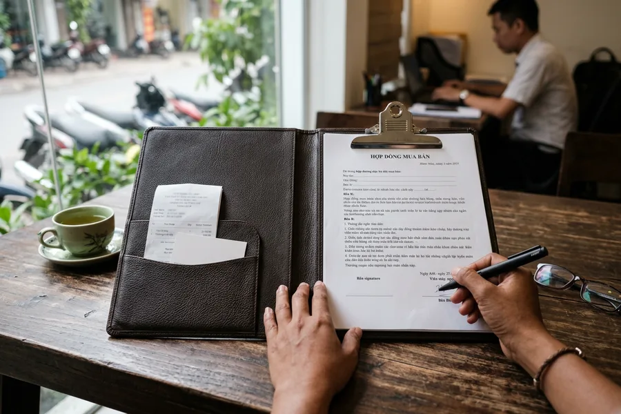 Bìa trình ký da đôi mở phẳng trong phòng họp có ngăn túi xéo đựng tài liệu và kẹp giữ văn bản