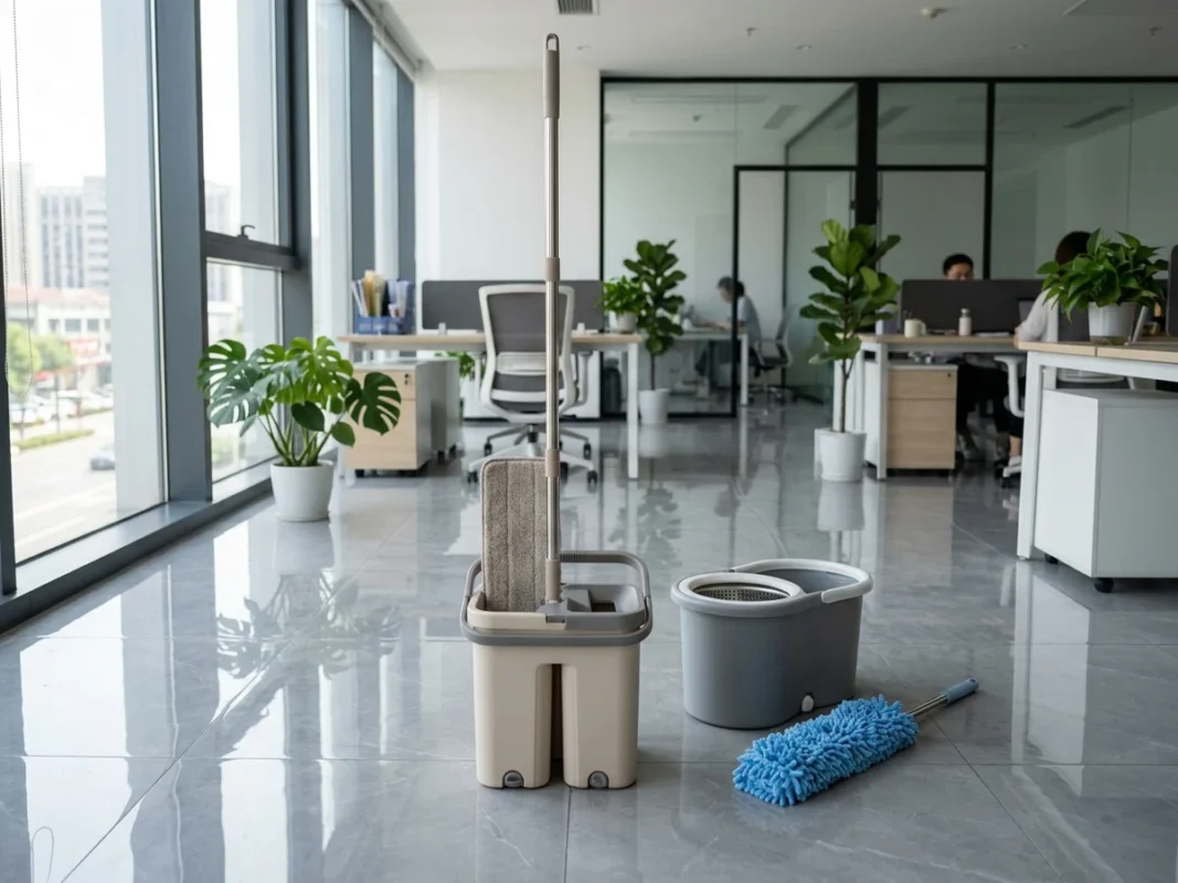 Bộ cây lau nhà thông minh kèm thùng vắt 2 ngăn gọn gàng bên cạnh các dụng cụ vệ sinh sàn trong văn phòng hiện đại