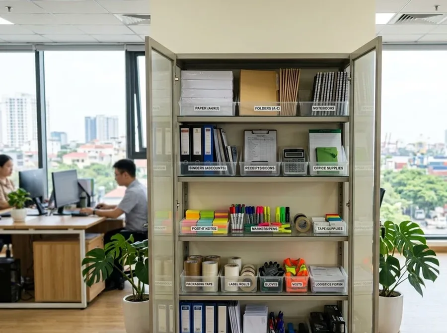 Tủ kệ trưng bày văn phòng phẩm ngăn nắp với các khay đựng bút viết và tập hồ sơ
