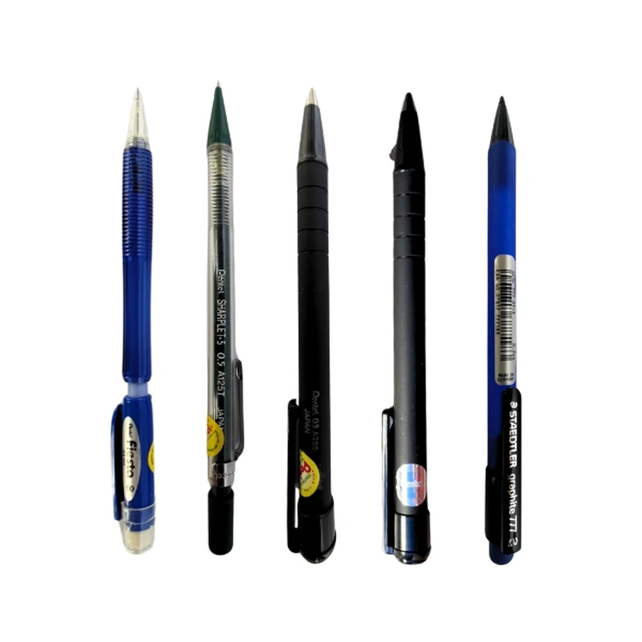 Năm cây bút chì bấm Pentel Fiesta, Sharplet-5, A255 và Staedtler Graphite 777 thân nhựa