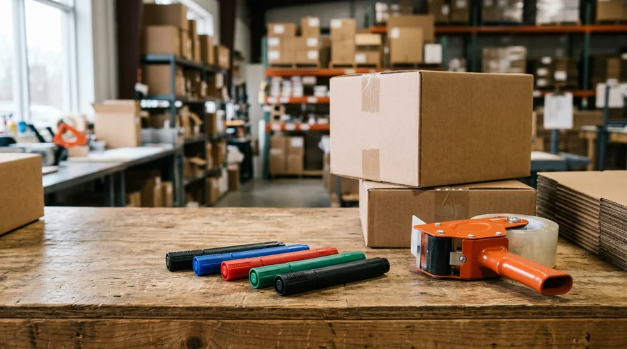 Bút lông dầu nhiều màu đặt trên bàn đóng gói cạnh thùng carton tại kho hàng