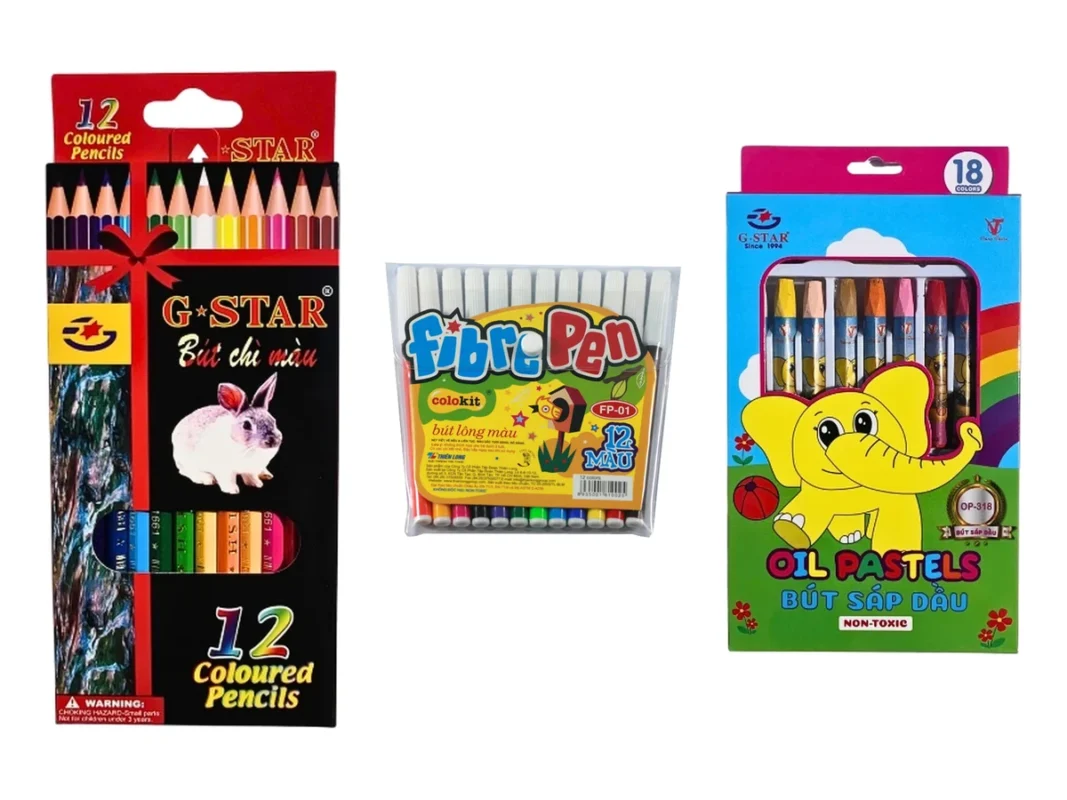Hộp bút chì màu G-Star 12 màu, vỉ bút lông màu Colokit FP-01 12 màu và hộp bút sáp dầu G-Star 18 màu