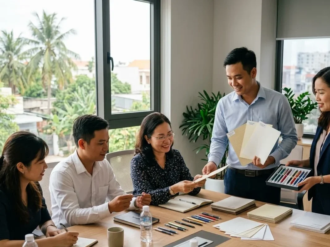 Nhà cung cấp giới thiệu các mẫu bút mực và giấy in văn phòng cao cấp trên bàn làm việc chuyên nghiệp